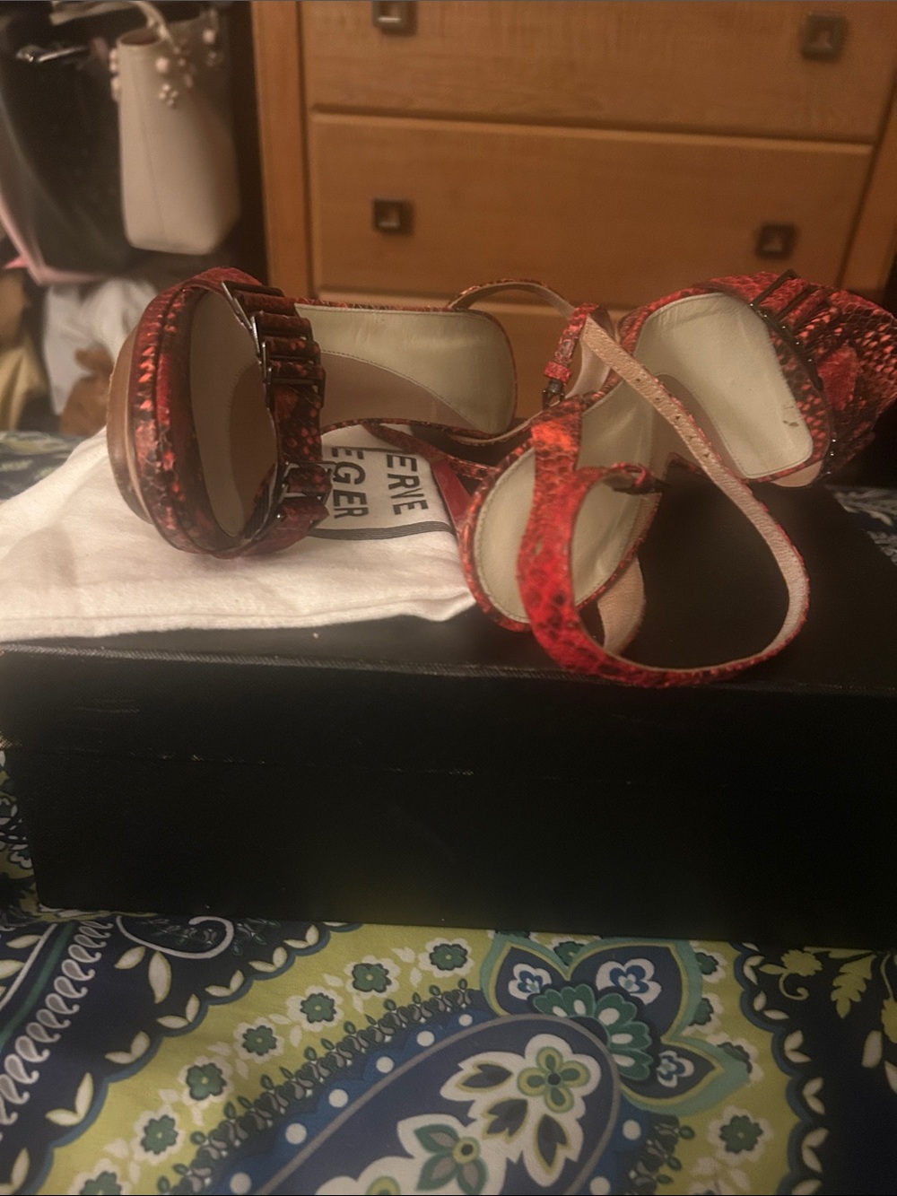 Herve Leger Red Snake-Print Stiletto Sandals - Picture 12 of 15